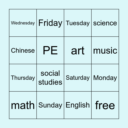 I have _____ class on _____. Bingo Card