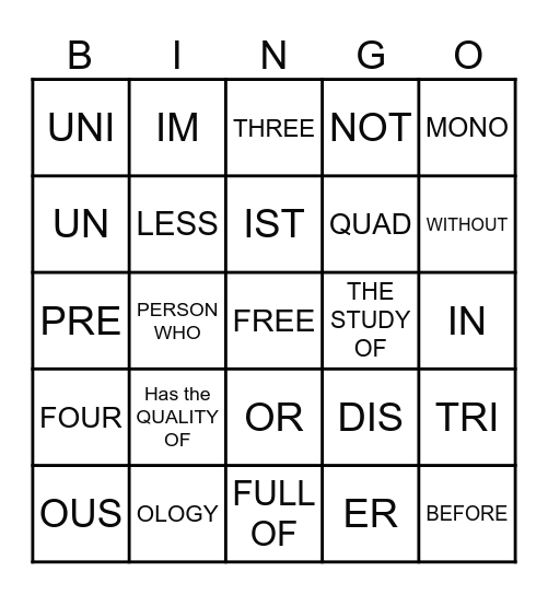 Word Cells #1-5 Bingo Card