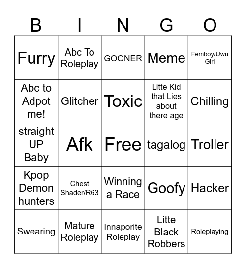 Roblox Day Bingo Card