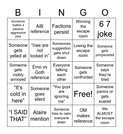 Escape Room Bingo Card