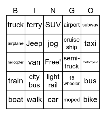 Transportation Bingo Card
