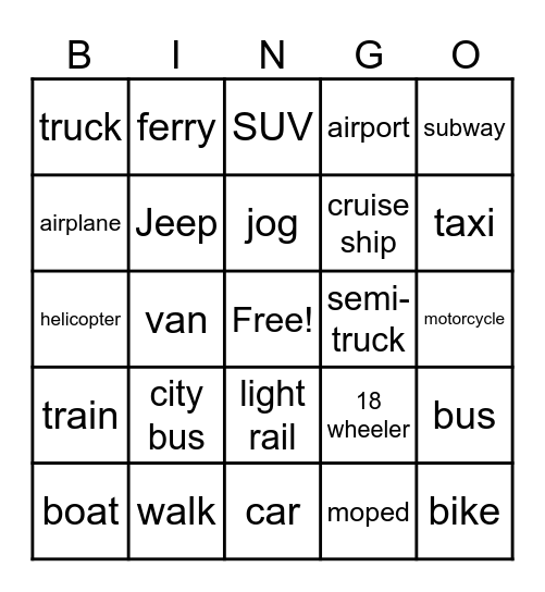 Transportation Bingo Card