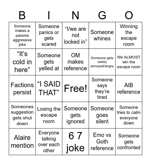 Escape Room Bingo Card