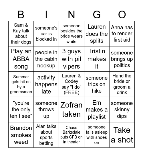 Wedding Weekend Bingo Card