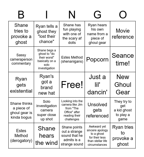 Ghost Files Bingo Card