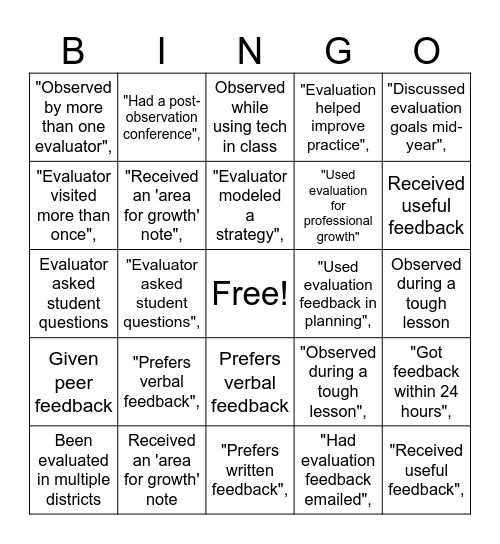 Evaluation Bingo Card