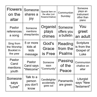Worship Service Bingo Card