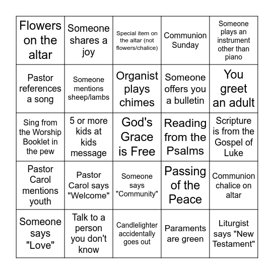 Worship Service Bingo Card