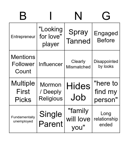 Love Is Blind Tropes Bingo Card