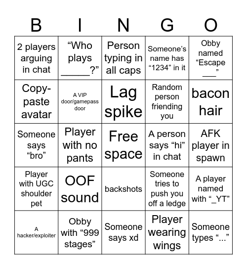 roblox bingo Card