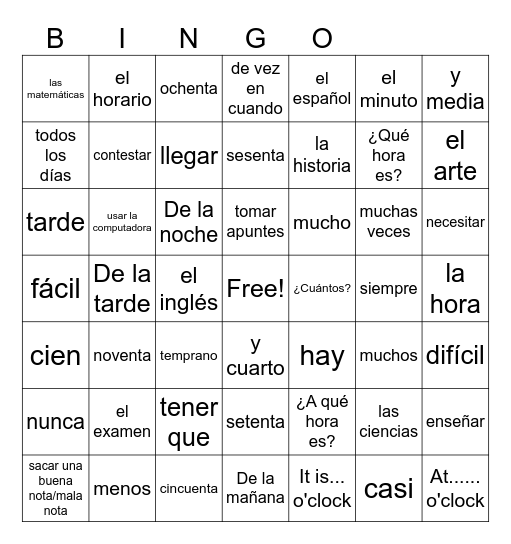 Avancemos U2L1 Bingo Card