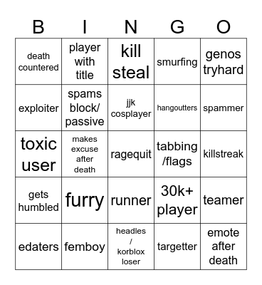 tsb tryharding Bingo Card