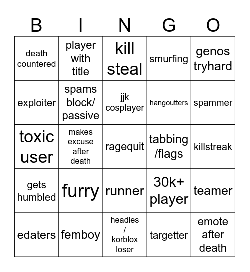 tsb tryharding Bingo Card