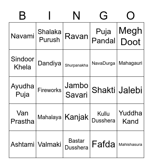 Dusshera Bingo Card