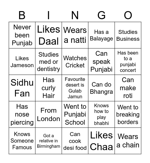 Punjabi Bingo Card