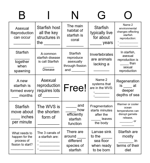 Starfish Bingo Card