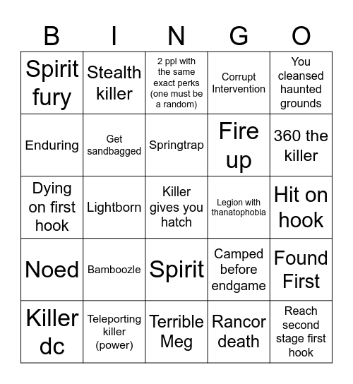 Dead By Daylight Bingo Card