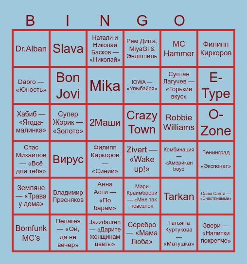 МУЗЫКАЛЬНОЕ БИНГО. Угадай исполнителя и вычеркни его в карточке, составляй 1 линию, 2 линии, всю карточку и кричи "БИНГО" Bingo Card