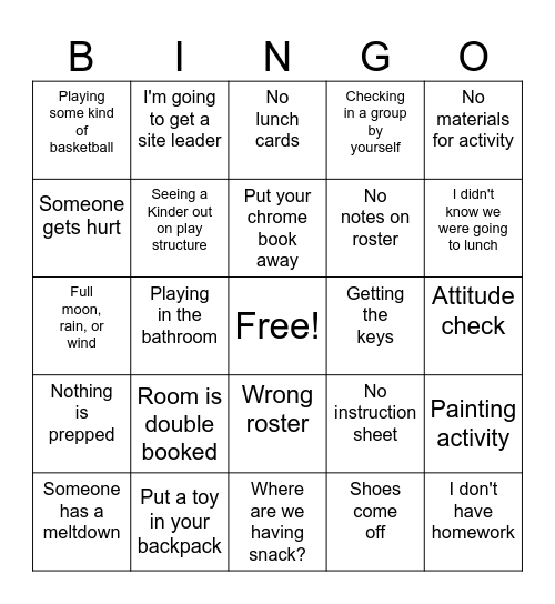 Wednesday Bingo Card