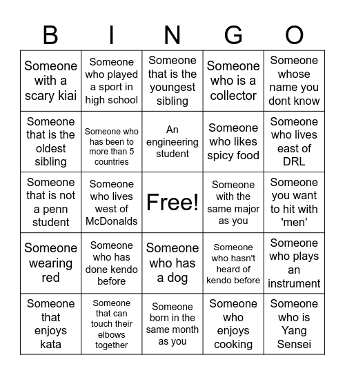 Kendo Icebreaker Social Bingo Card