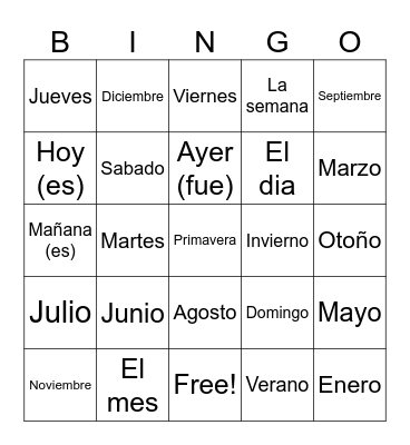El Calendario Spanish 1 Bingo Card