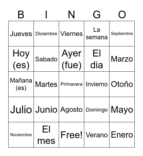 El Calendario Spanish 1 Bingo Card