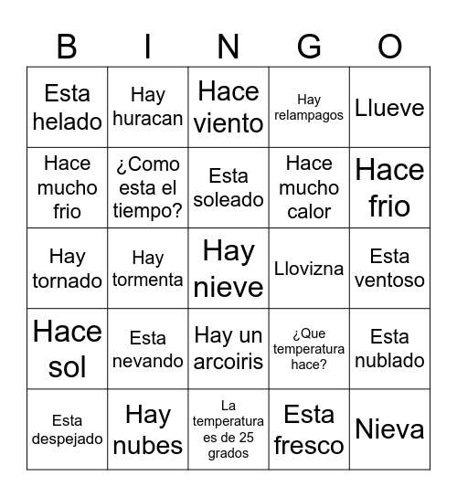 El Clima/ El Tiempo Bingo Card