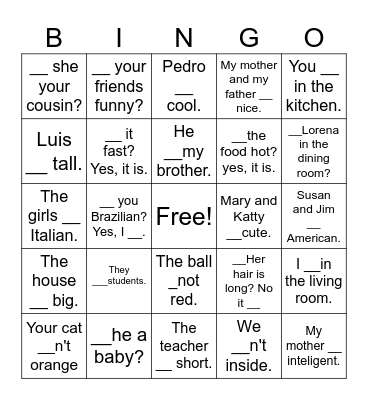 VERB TO BE Bingo Card