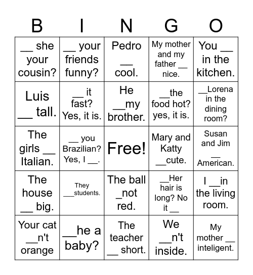 VERB TO BE Bingo Card