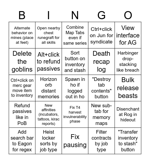 PoE QoL Bingo Card