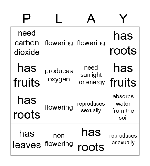 CHARACTERISTICS OF PLANTS Bingo Card