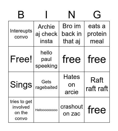 Fragale Bingo Card