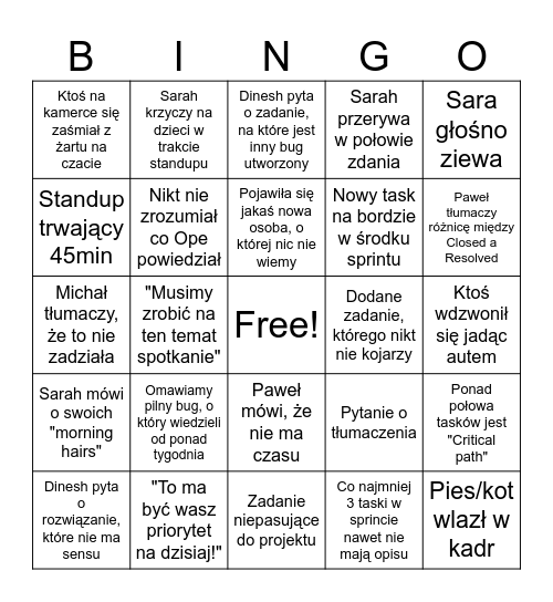 Standup Bingo Card