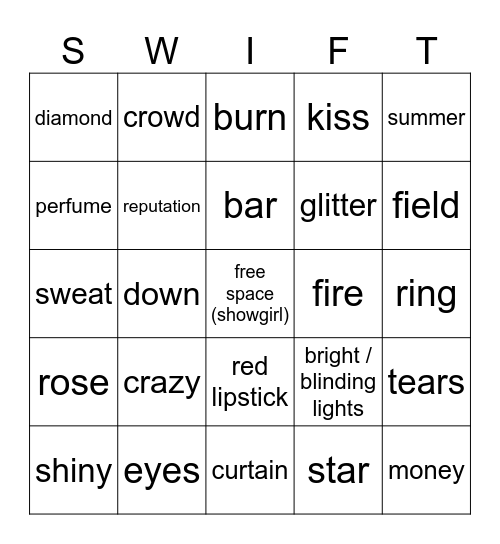 ✨❤️‍🔥 showgirl word bingo ❤️‍🔥✨ Bingo Card