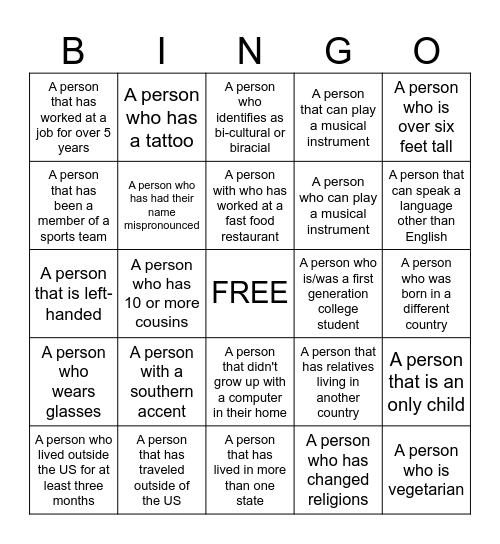 Diversity Bingo Card