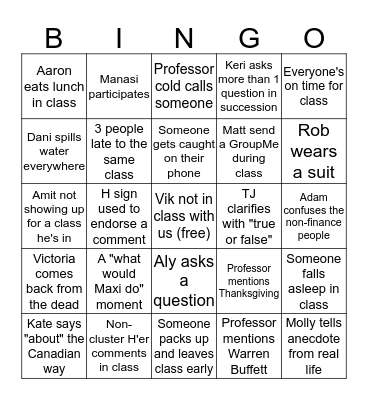 Cluster H Bingo Card