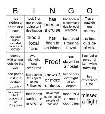 Travel Philippines Bingo Card