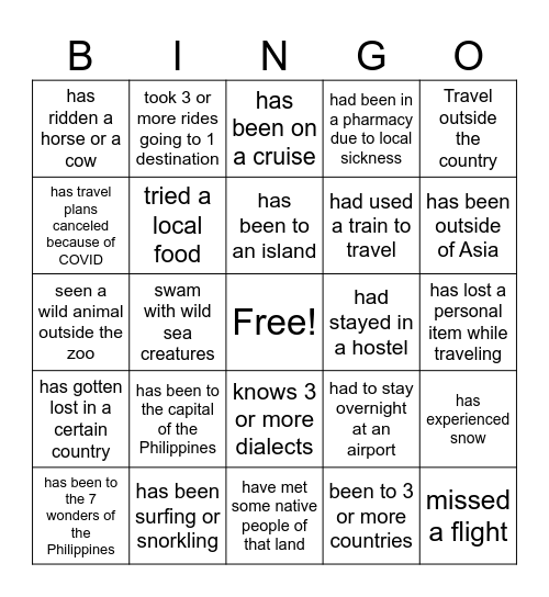 Travel Philippines Bingo Card
