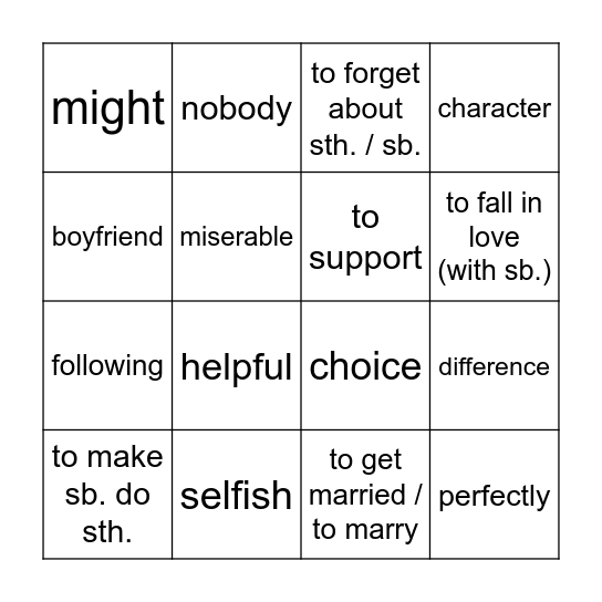 Vocab Bingo Unit1 A1-A4 Agony Aunt Bingo Card