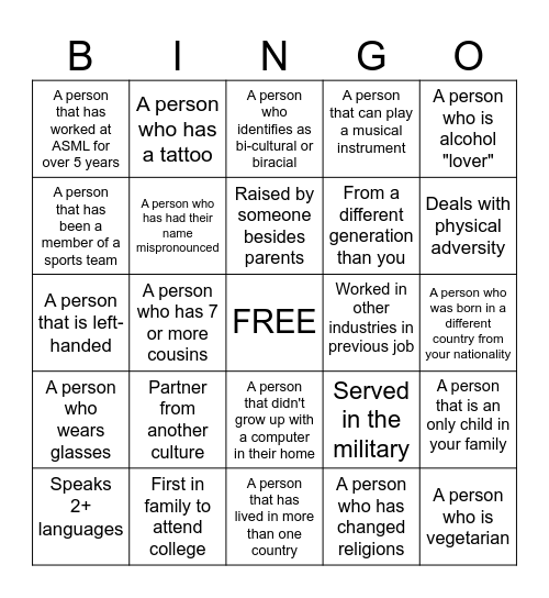 Diversity Bingo Card