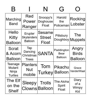 Macy's Thanksgiving Day Parade Bingo Card