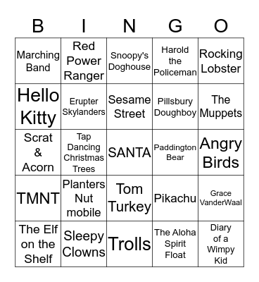 Macy's Thanksgiving Day Parade Bingo Card