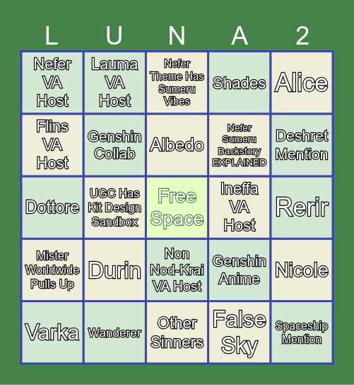 Luna II Special Program Bingo Card