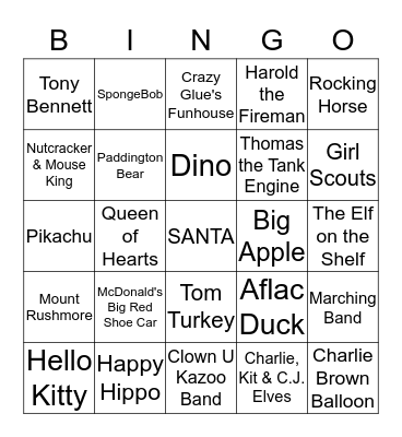 Macy's Thanksgiving Day Parade Bingo Card