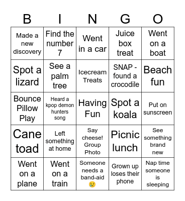 Our Cairns Trip Bingo Card