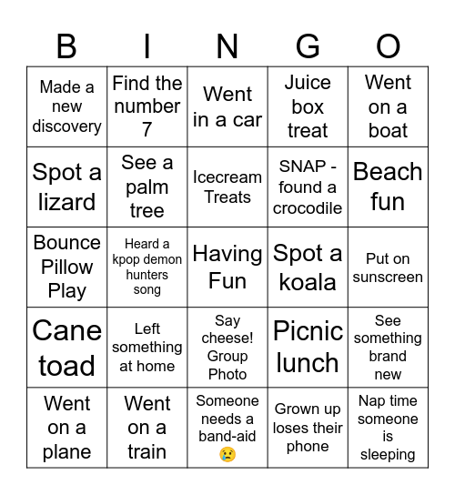 Our Cairns Trip Bingo Card
