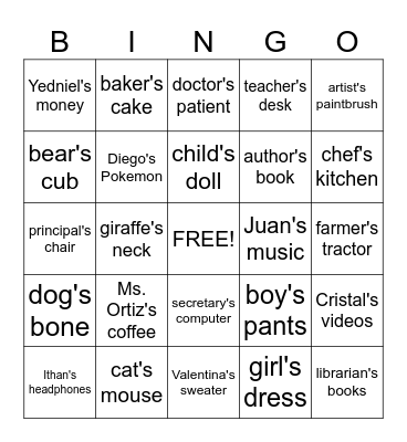 Singular Possessive Nouns Bingo Card