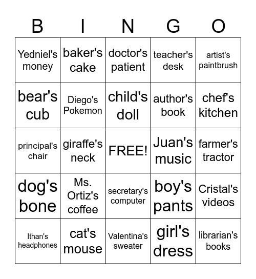Singular Possessive Nouns Bingo Card