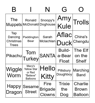 Macy's Thanksgiving Day Parade Bingo Card