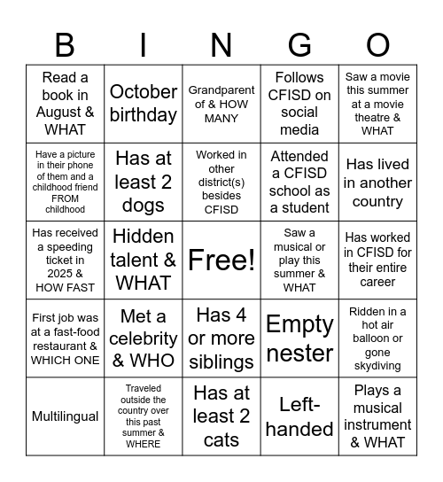 School Leadership HUMAN Bingo Card